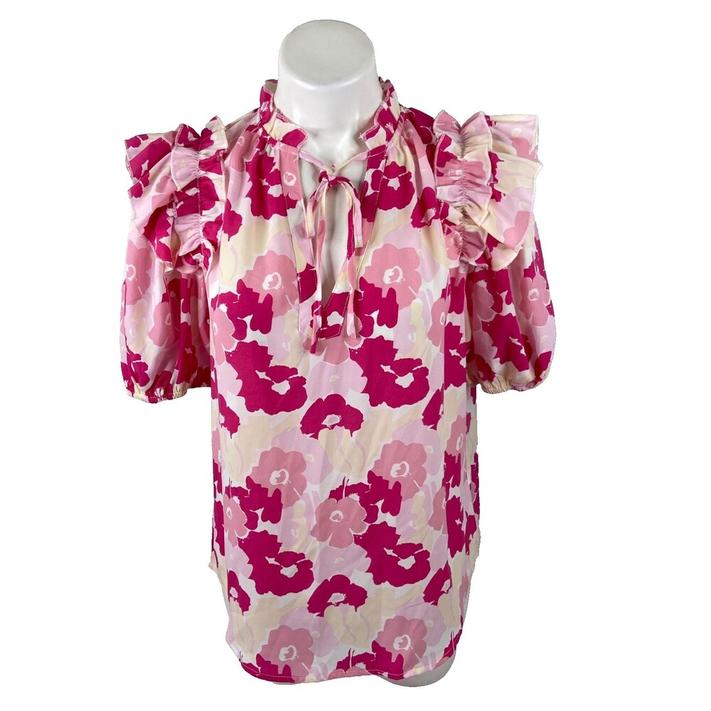 Women Medium Pink Floral Pattern Top Puff Sleeve Blouse Casual Summer